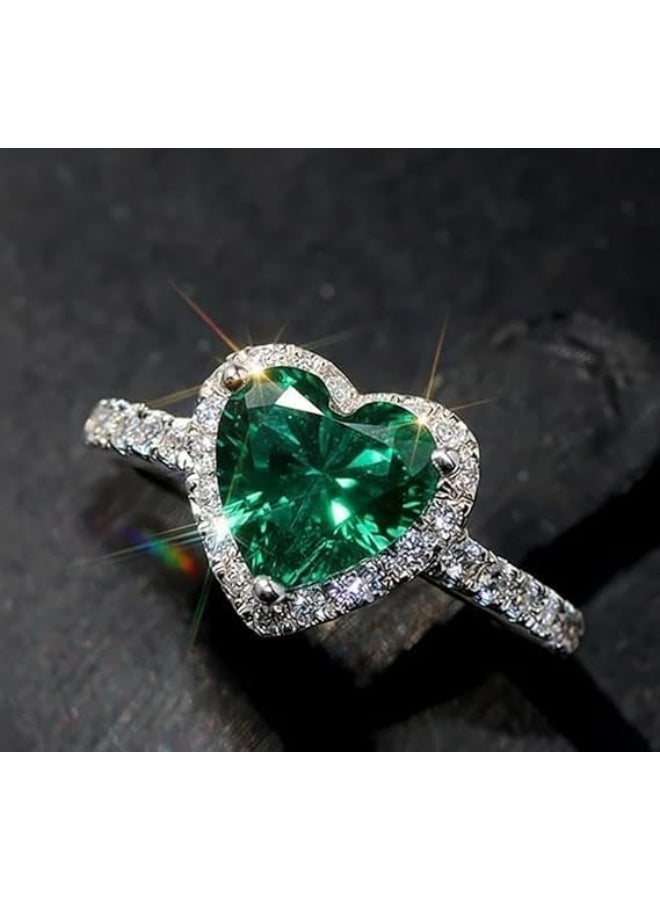 Emerald Heart Ring – Valentine’s Day Romantic Gift – Silver Tone Zircon Halo – Hypoallergenic Stainless Steel - Image 2